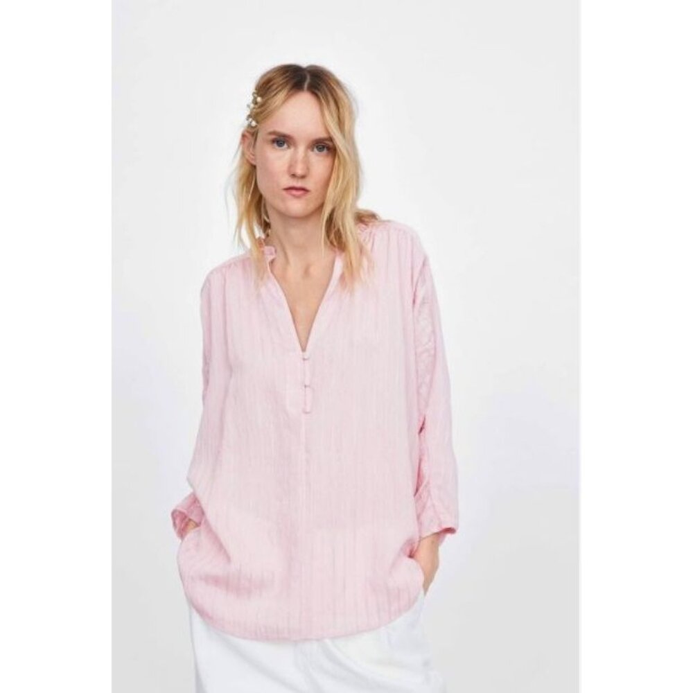Zara Shirt Size XS Striped Ruffle V Neck 3/4 Sleeve Pink Career Business Casual